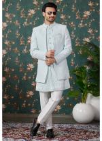 Art Silk Pista Green Groom Wear Thread Work Readymade Sherwani